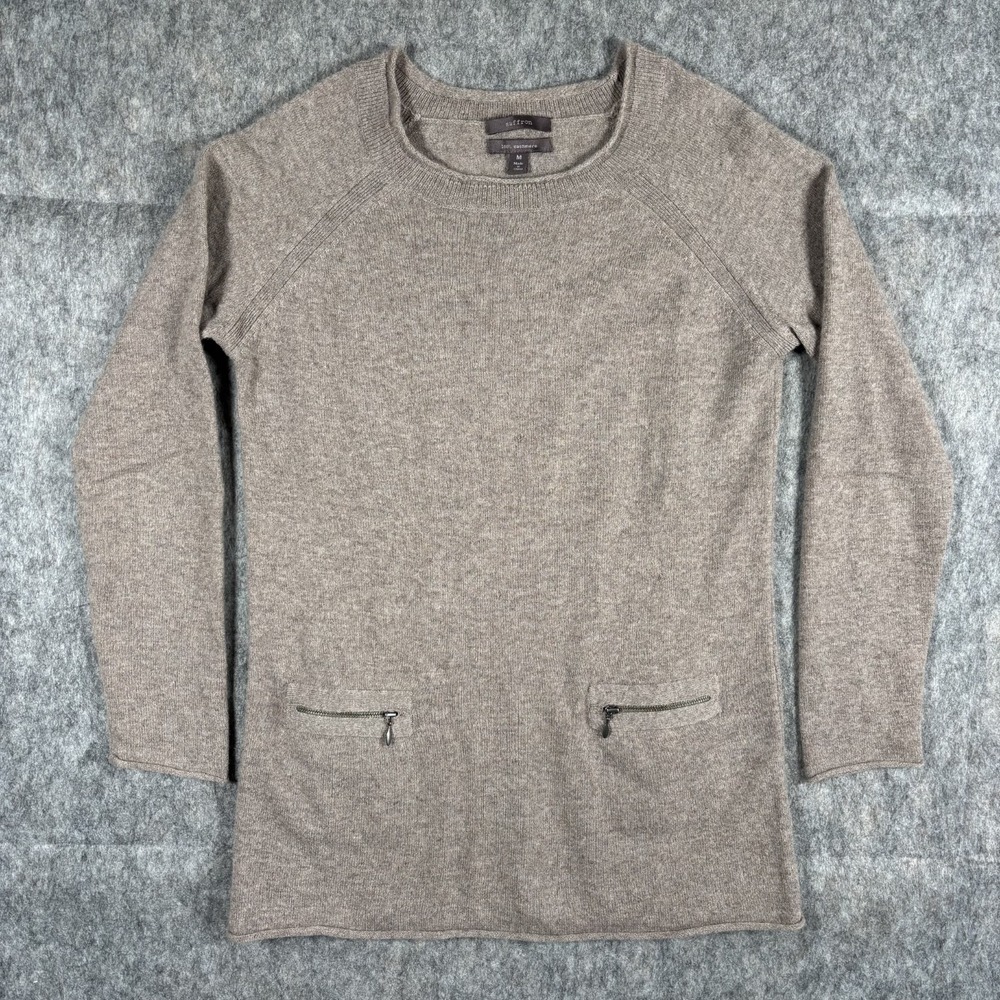 100% Cashmere Sweater Women's Medium Brown Pockets Soft Saffron